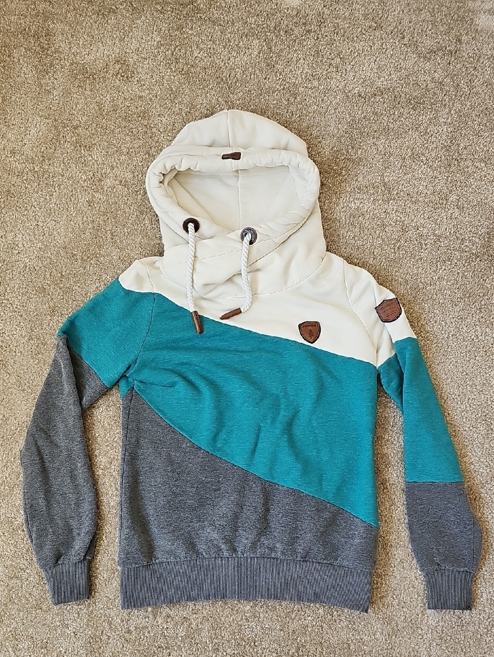 Wanakome Teal, Cream & Gray Tri Tone Diagonal Colorblock Hoodie